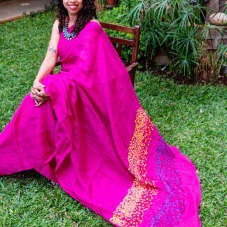 Calyz Pink Linen Saree with Collage Technique